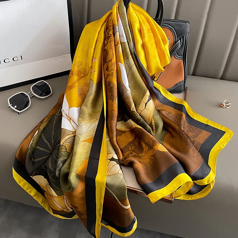 2023 Hot Sell New Fashion Floral Printed Silk Head Scarf Shawl Muslim Women Elegant Flower Print Silk Scarves Soft Long Hijabs