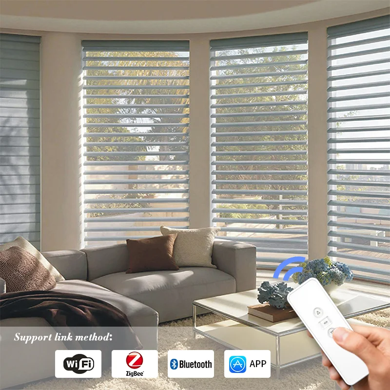 light filtering customized fabric shangri-la shades electric rechargeable moptor smart voice control shangri-la blinds