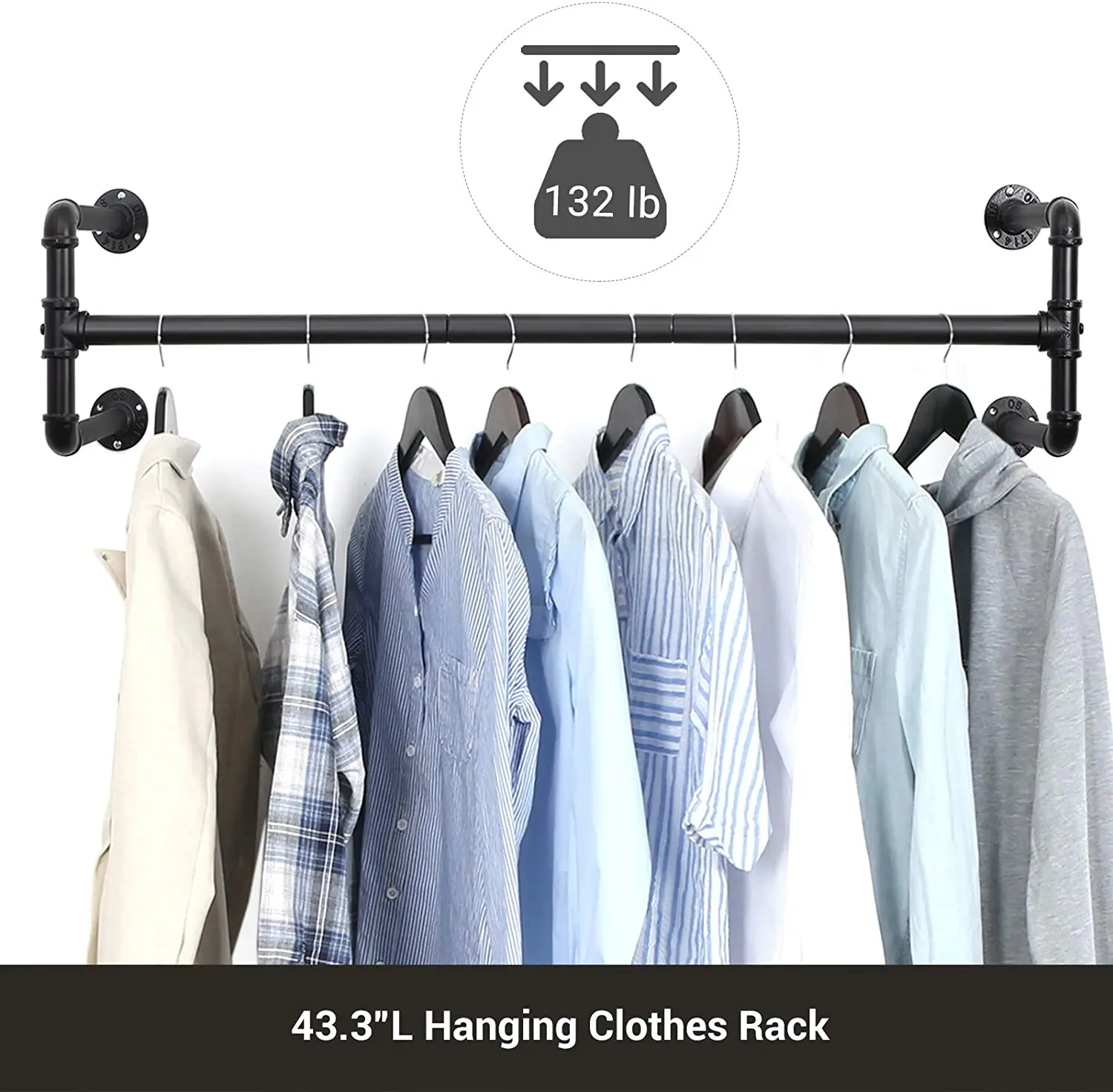 Wall Mounted Industrial Pipe Clothes Rack, Heavy Duty Black cast Iron Garment Rack Bar, Hanging Rod for Closet Storage