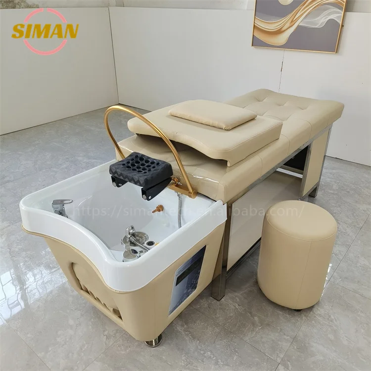 Siman shampoo bed with water circulation and steamer portable shampoo sink with large storage cabinet stainless steel bed frame