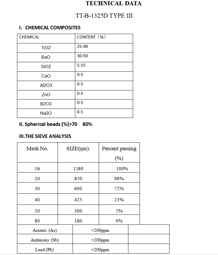 TT-B-1325D type III index of refraction 1.93 air port glass beads for thermoplastic road marking paint