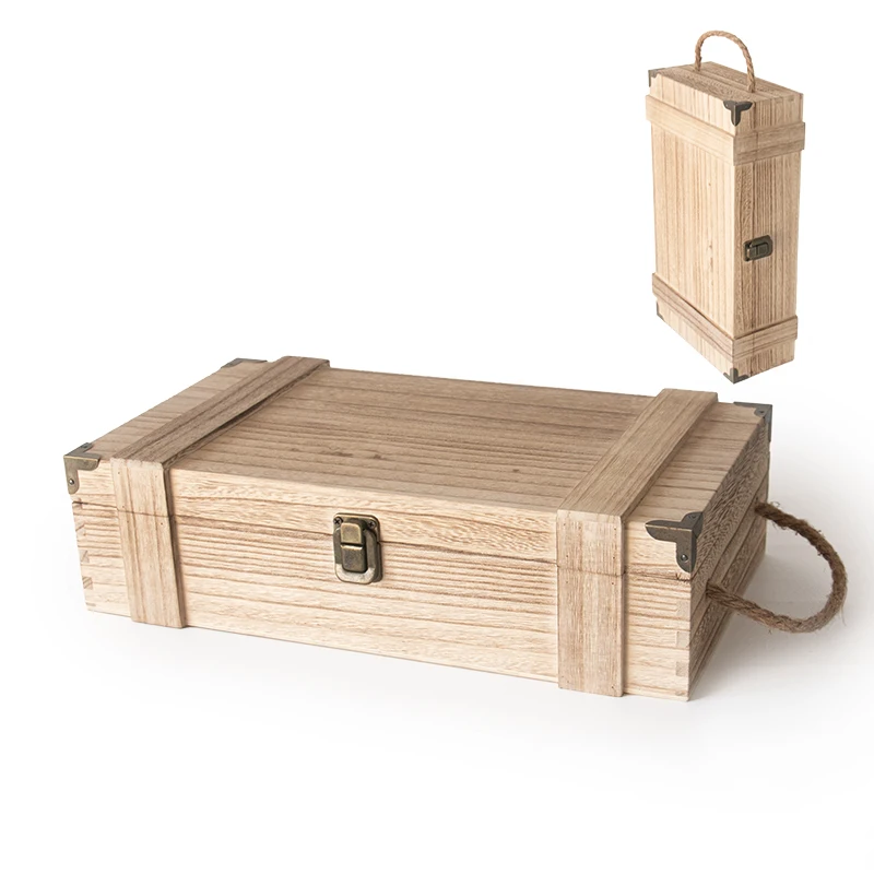 Retro Vintage Packaging Storage box With Hinge Torched Wood Double Bottle Wine Case Wooden Wine Box gift packaging