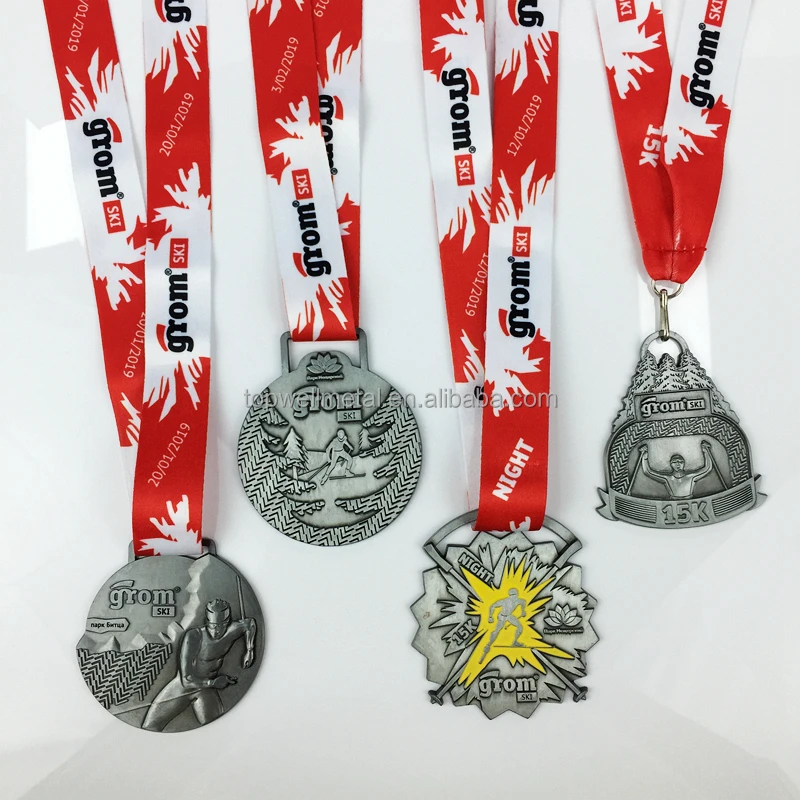 Custom 3D Ski Sports Medal Antique Brass Featuring Sublimation Ribbon for Personalized Gift