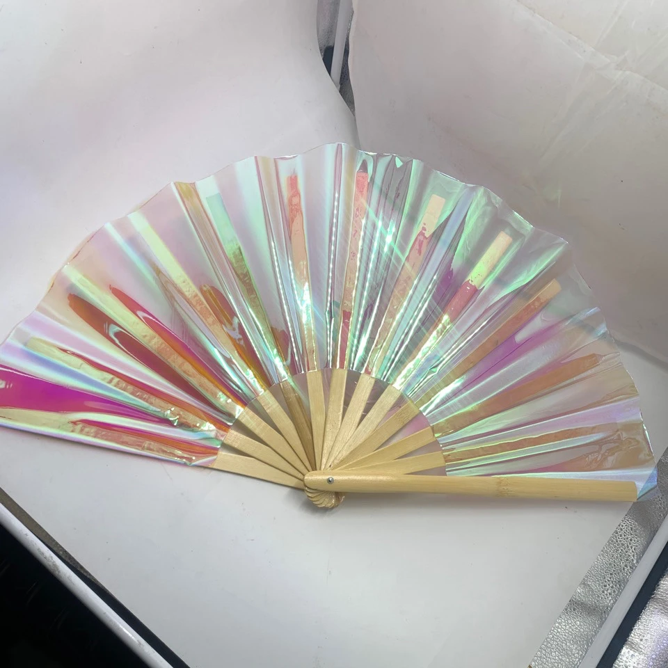 13 inch Large Rave Fan TPU Transparent Silver Color Bamboo Kungfu Fan