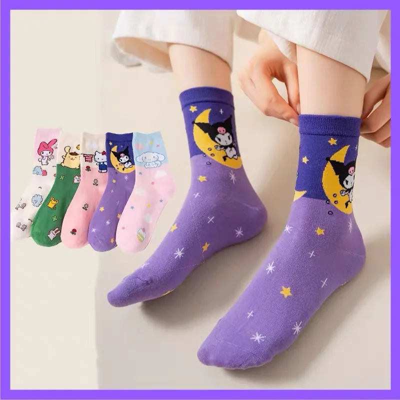 Носки для девочек Kuromi Melody Pompurin Мультяшные хлопковые мягкие впитывающие пот дышащие носки