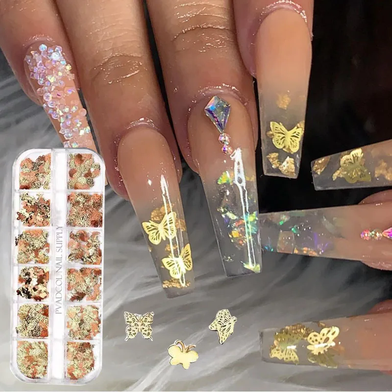 12 Grids Gold Nail Sequins Butterfly Metallic Slice Glitter 3D Acrylic Nails Flakes Manicure Decoration