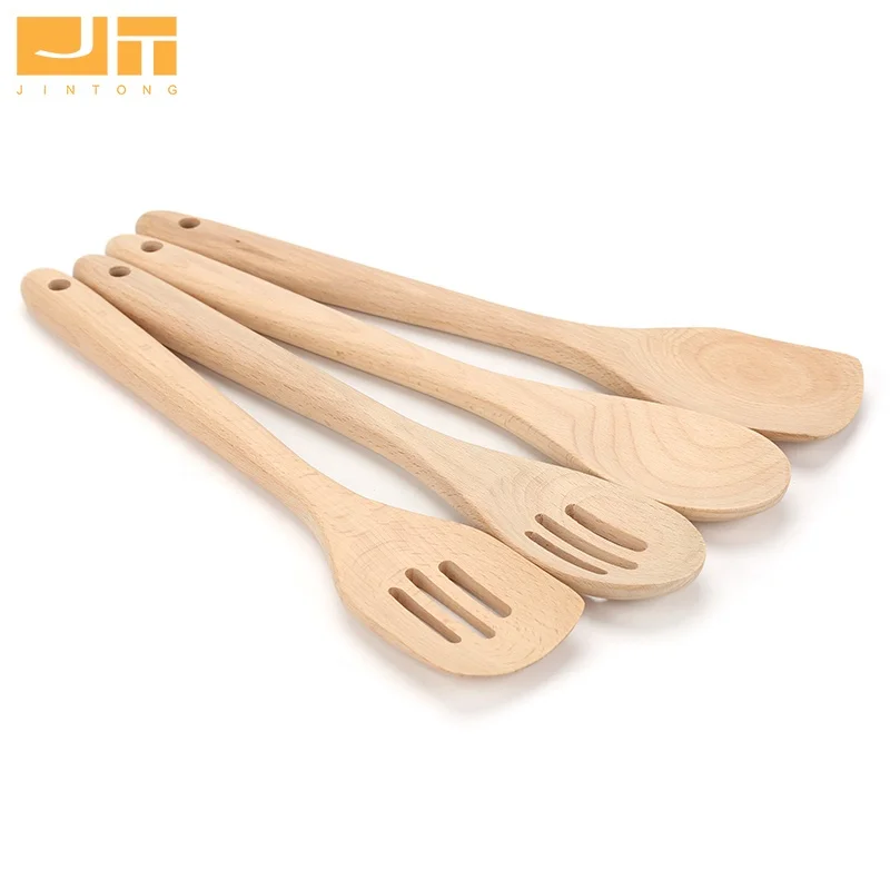 Premium Beech Wooden Cooking Set 4Pcs With Hanging Hole Natural Color Turner Spoon Slotted Spatula For Kitchen