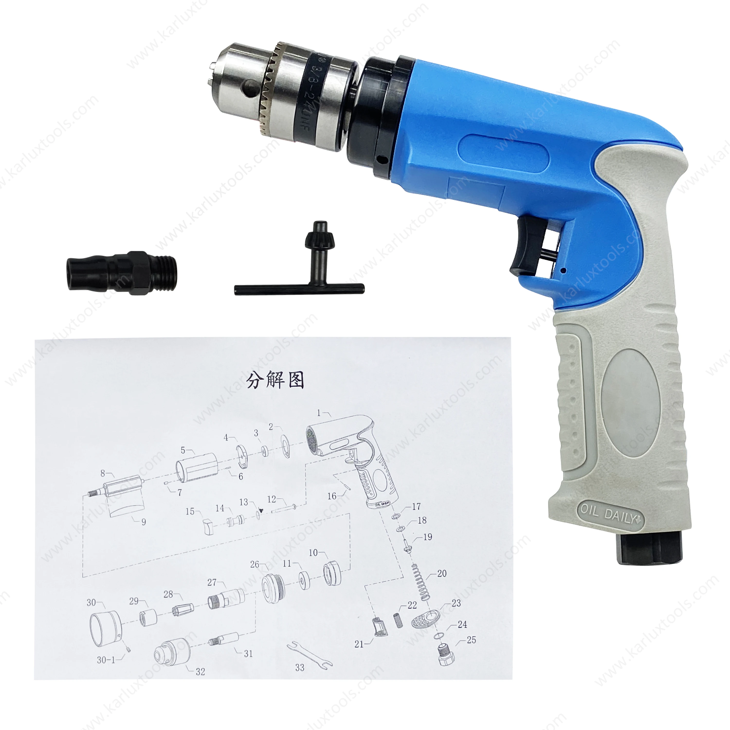 20,000Rpm 1.0Hp Ultra-Low Noise Industrial Non-Reversible Pistol Pneumatic Drill Air Drill With Chuck 3/8'