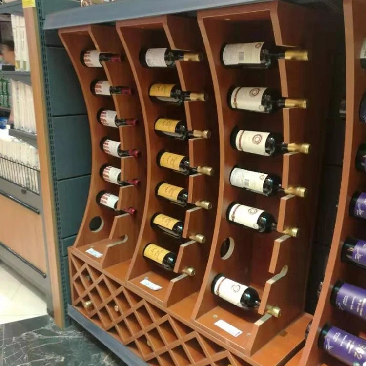 Custom Supermarket Wine Cellar Red Wine Glass Bottle Beer Drink Alcoholic Beverage Wooden Display Cabinet Shelf Stand