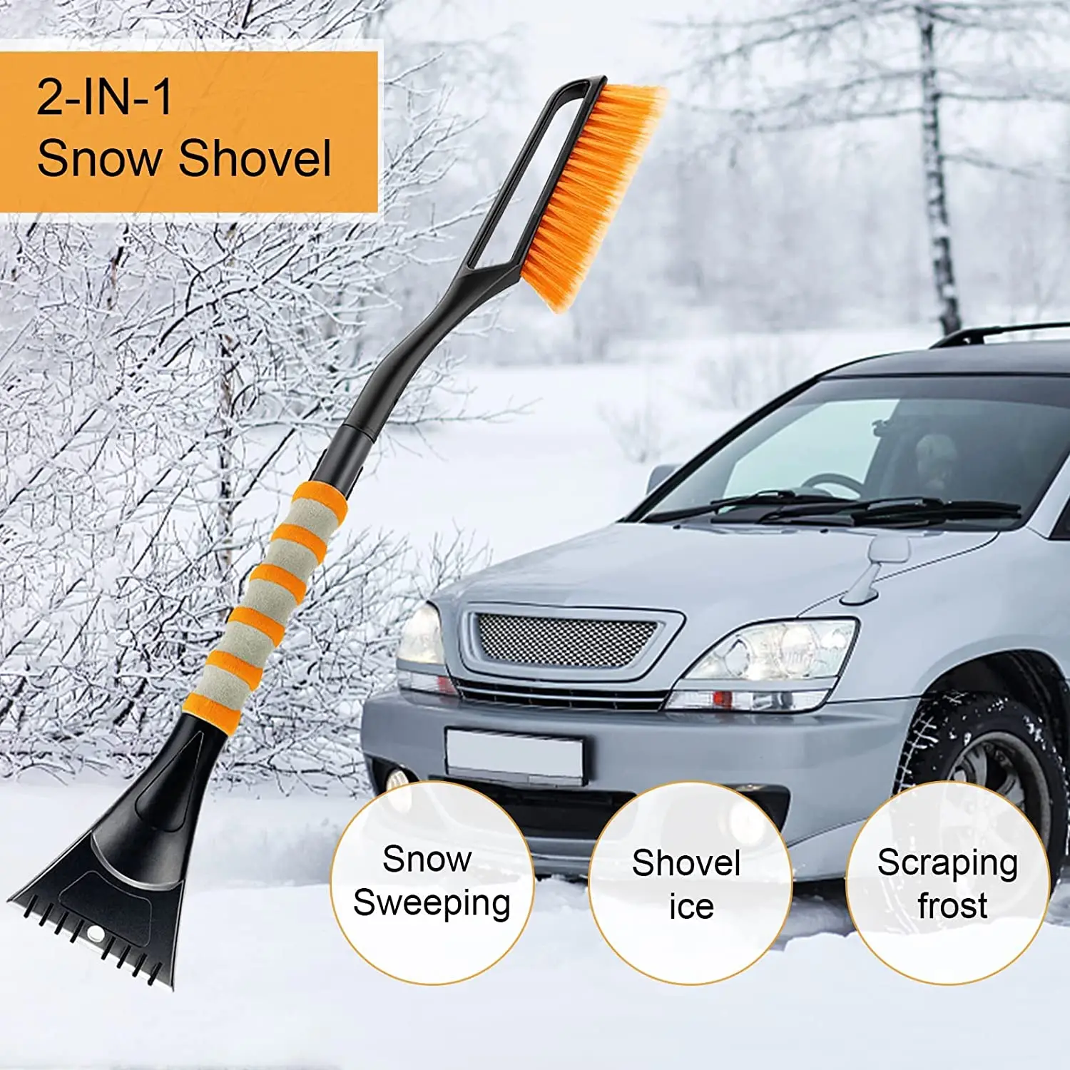 Snow Brush and Detachable Ice Scraper with Ergonomic Foam Grip for Cars, Trucks, SUVs