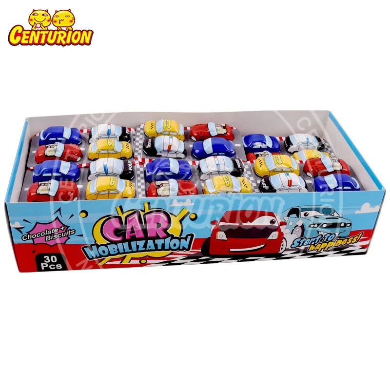 Wholesale new item 9 grams 4 in 1 cartoon mobilization car halal with biscuit ball surprise chocolate cup candy