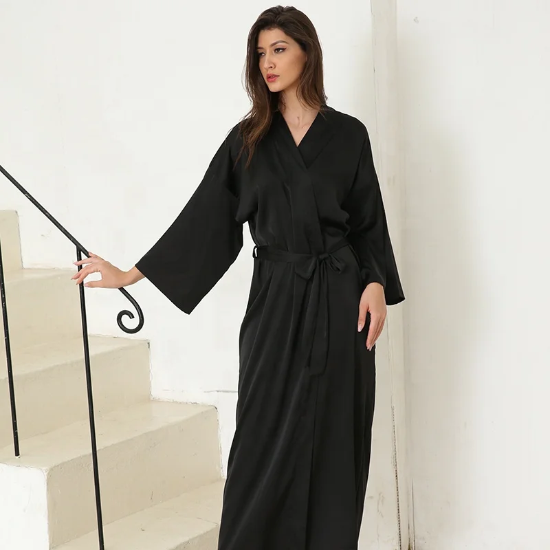 Long luxury ladies nightgown black bathrobe satin bridesmaid robe women plain kimono robe 6040