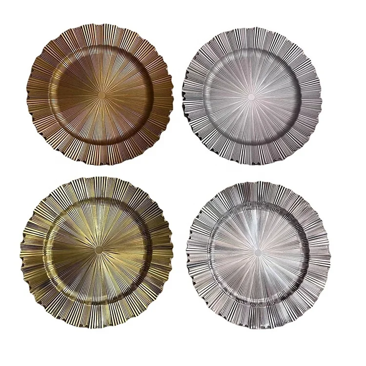 Metallic gold sunray acrylic plastic serving plates plating decoration plastic round chargers for table setting