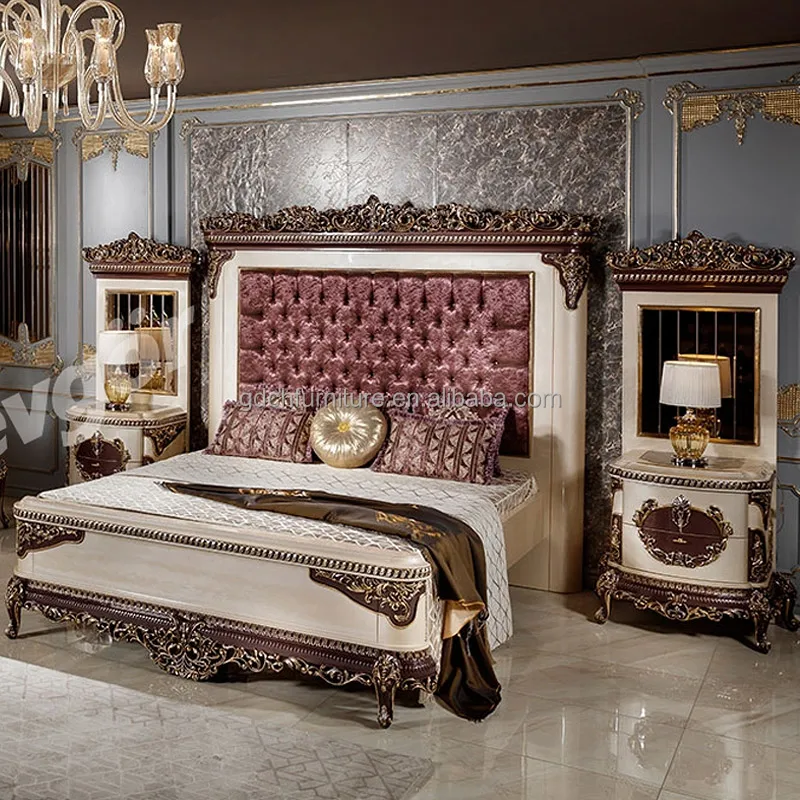 Antiquen design luxury European Style Solid Wood frame hand carved headboard Bedroom Furniture Classic Bedroom Set