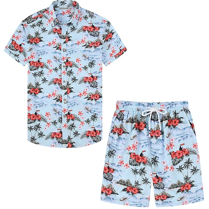 New Design polyester Hawaiian Shirt Matching Short Set Digital Printing Summer hawaiian shirts wholesale mens shirt set