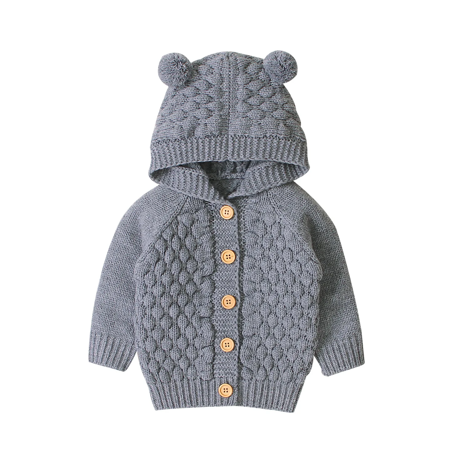 
Solid color knitted baby hooded sweater jacket coat with pom poms for 3-24 months baby boys girls 