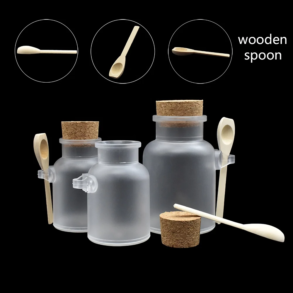Durable 100ml 200ml 300ml plastic bath salt bottle matt clear ABS cosmetic packaging with wooden spoon cork in stock