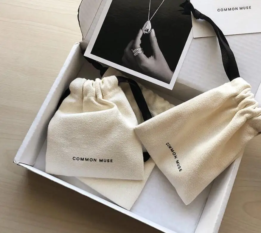 wholesale custom logo printed small organic cotton drawstring bag packaging jewelry pouch