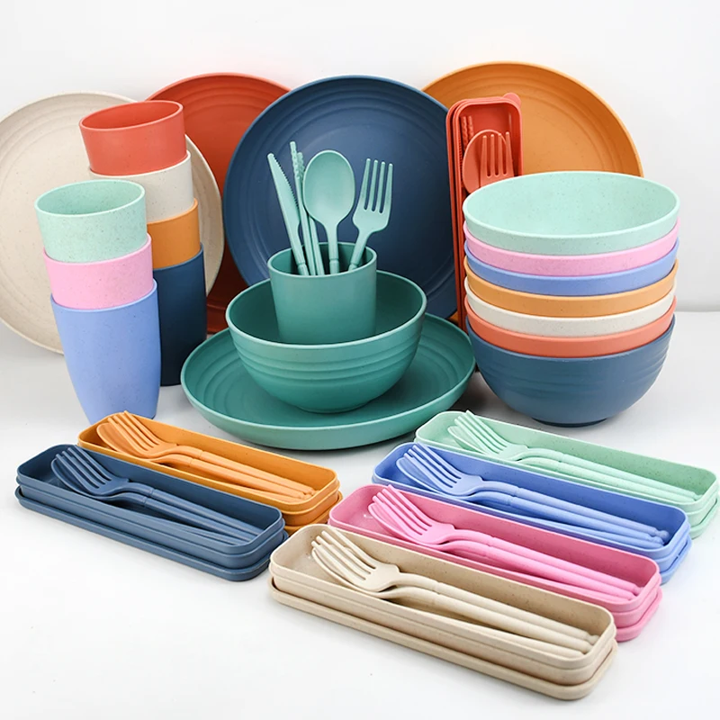 Pure Color Environmental protection Wheat Straw Cutlery Portable Five Piece Dormitory Fashion Dish Set for Student
