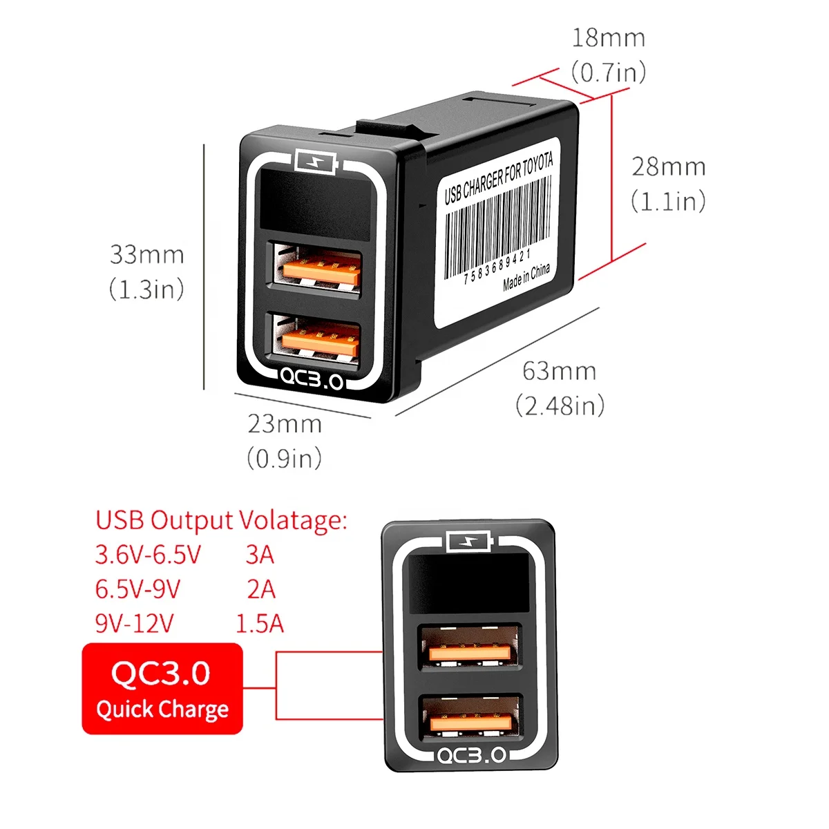 QC3.0 Dual USB Car Charger Adapter with Digital Voltage Voltmeter Display Universal Phone DVR Fast Charger for Toyota