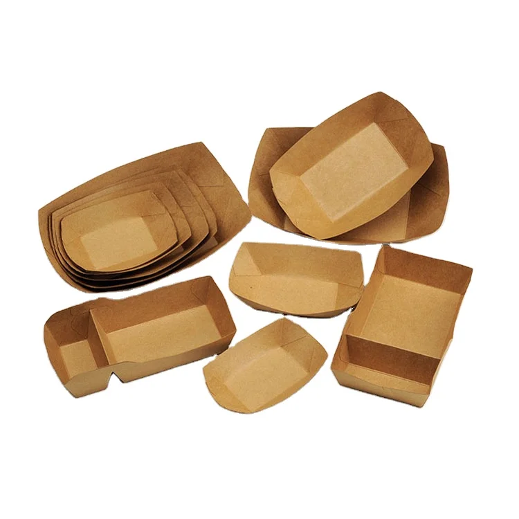 Custom Biodegradable Kraft Paper Lunch Boxes Disposable Boat Paper Tray