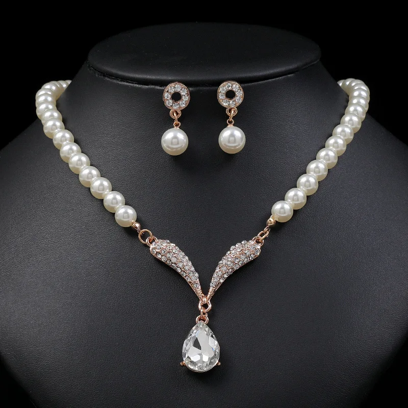 High Quality New Style Wedding Pearl Crystal Necklace Earrings Jewelry Sets
