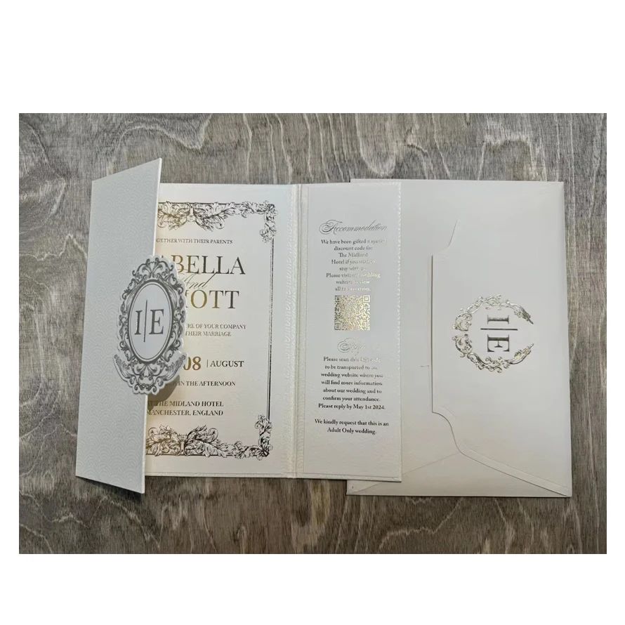 Набор свадебных приглашений Gatefold Золотая фольга Жесткая обложка свадебная открытка цвета слоновой кости специальный дизайн текстурированная Тройная пригласительная
