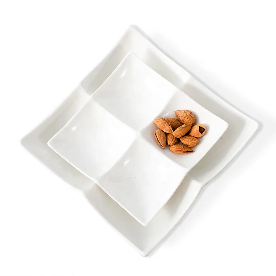 Factory wholesale white ceramic plate 4 compartment divide quadrate serving platter tray for appetizer dessert