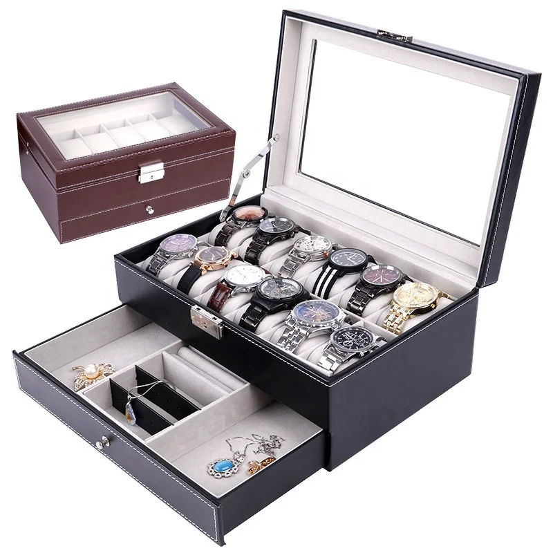 Luxury Black Wooden Watch Box Leather Jewelry Case Glasses Display Organizer 12 Slots Watch Travel Case