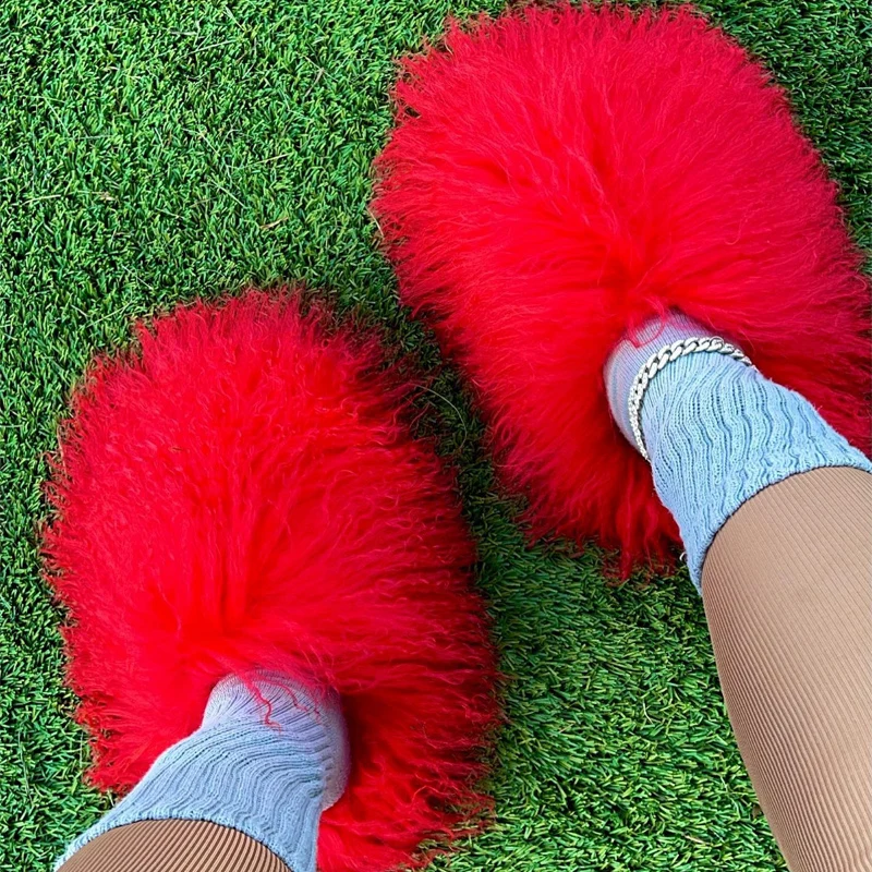 Оптовая продажа женские пушистые шлепанцы на плоской подошве модные мягкие Толстые вьющиеся монгольские шерстяные меховые Тапочки
