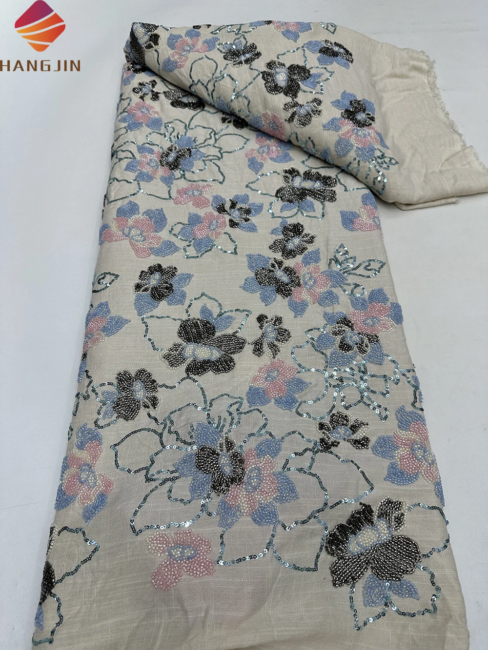 Black Heavy Beaded Lace Fabric With Sequin Luxury 3D Flower Lace Fabric Embroidery Cotton Lace Fabric For Women Party Dress