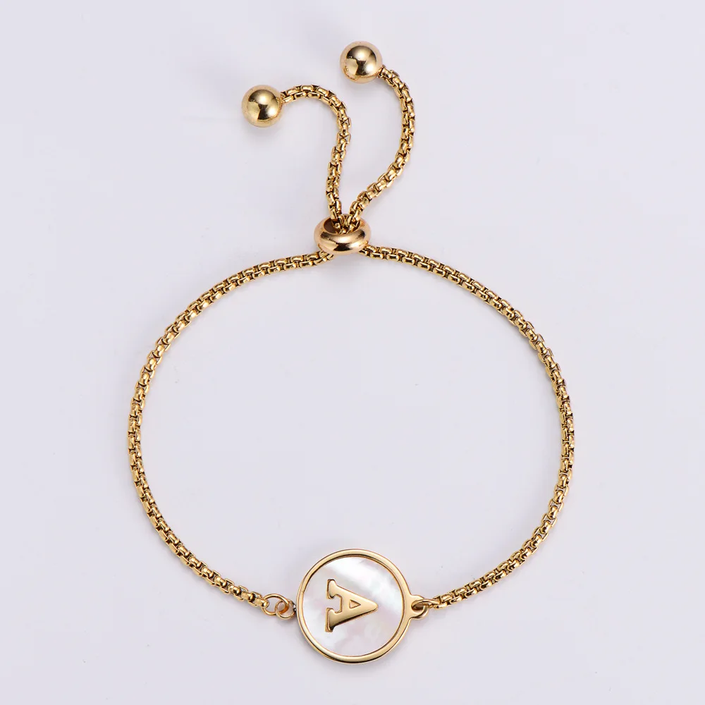 Hainon 2022 Stainless Steel bracelet Electroplated 18k Gold Circle Plate White Shell Adjustable A-Z Letter Bracelet
