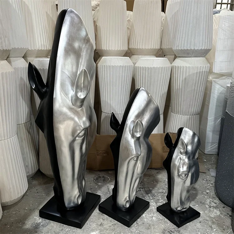Large Indoor Bronze Horse Head Sculpture Statue Black and Silver Color for Home and Company