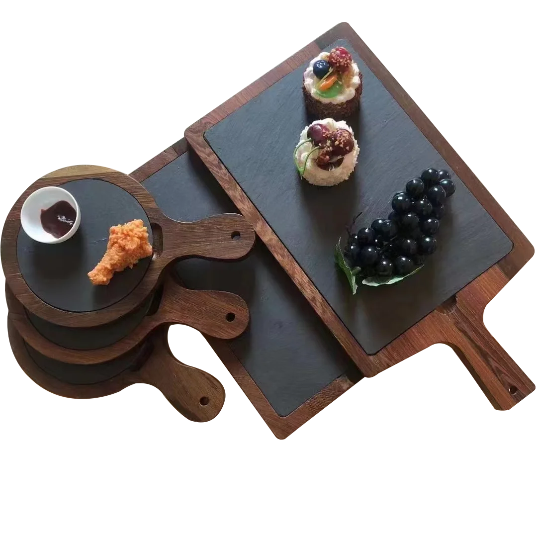 Customized Natural Black Round Squaer Slate Stone Wood Plate Cheese Board Sushi Steak Wooden And Slate Plates For Restaurant