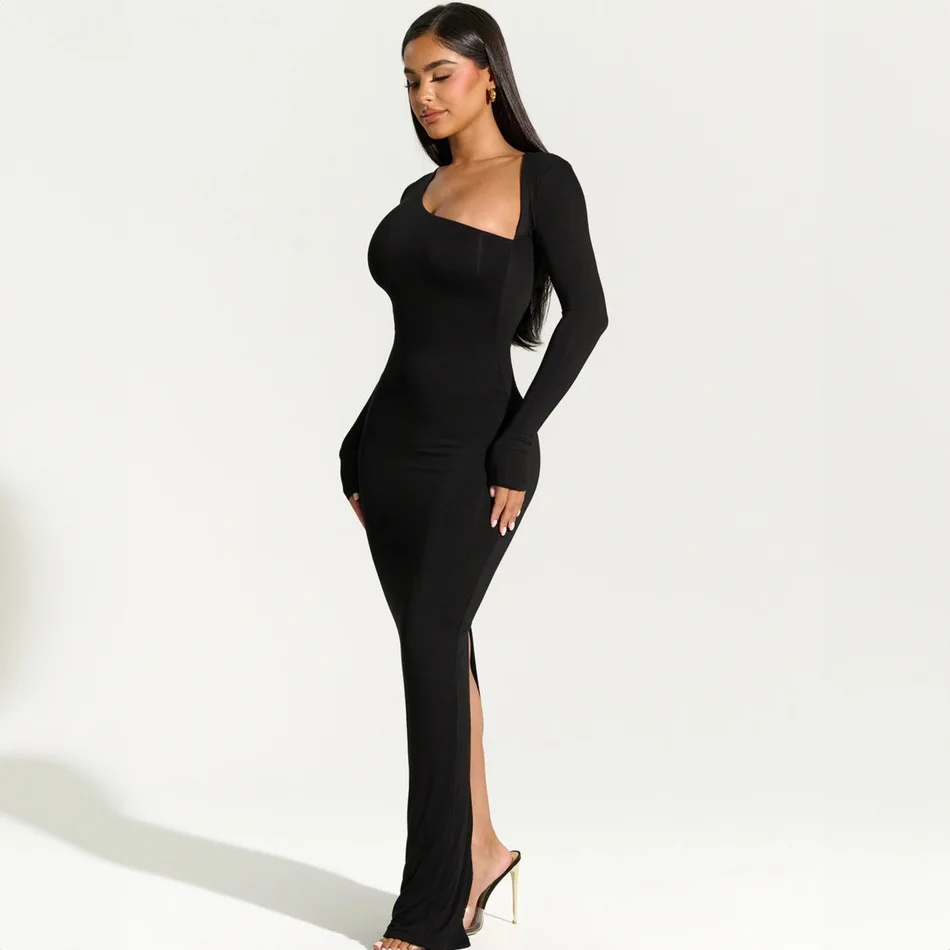 Women pleated fit slit party club sexy Buttocks Long Sleeve Dresses Slim Ruffled Dresses