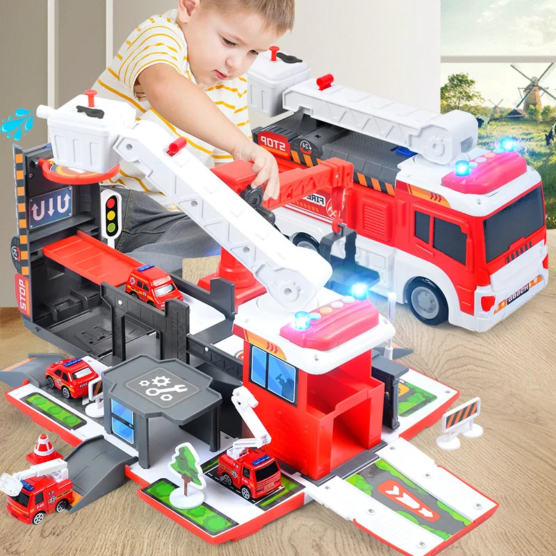 2 in 1 Transforming Fire Truck Storage Inertia car Parking Lot Sets Missile Car Assembled Slot Toys With Diecast Car Toy