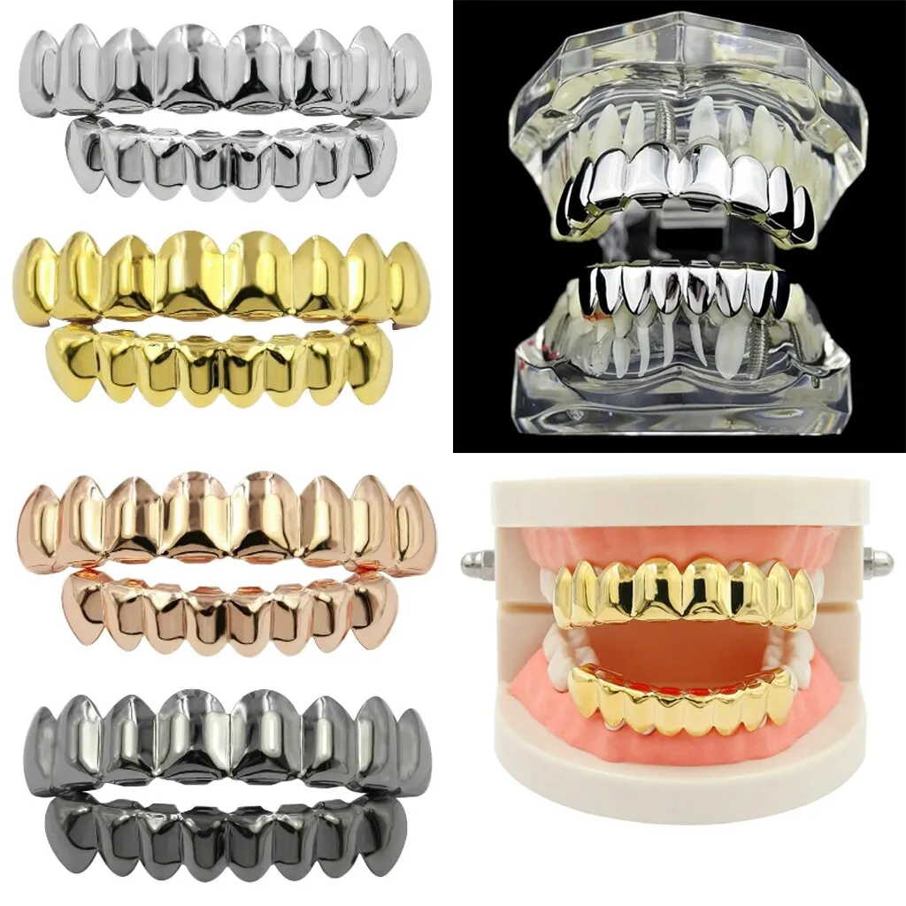 New Luxury Gold Teeth Micro Pave CZ Stones Hip Hop Grillz Top & Bottom Teeth Mouth Grillz Set