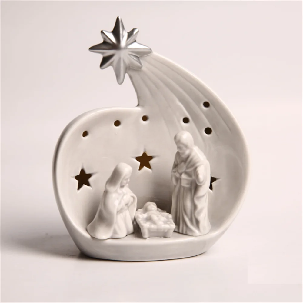 Christmas Ceramic Crafts Holy Family Nativity with LED Light