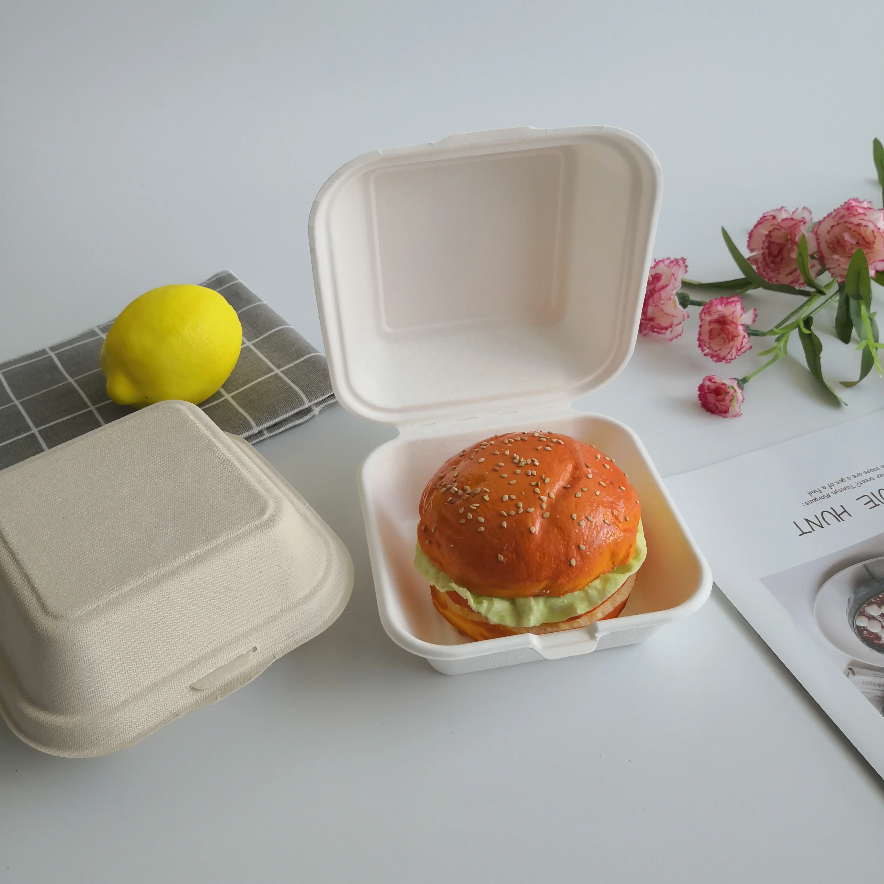 Recycle Biodegradable Sugarcane Disposable 5 Inch 6 Inch Paper Pulp Hamburger Container Burger Box Hamburger Packing