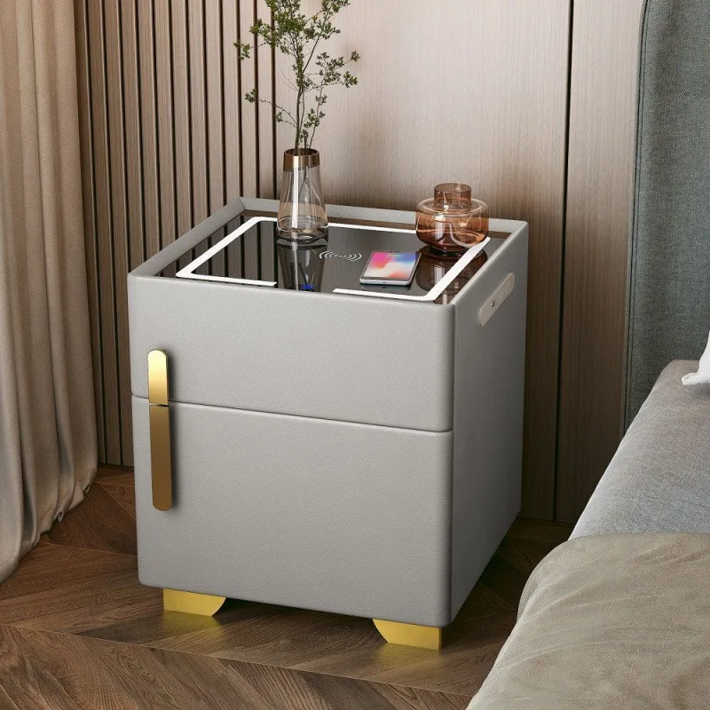 Modern Wireless Charging Leather Nightstand Bedroom Furniture Wooden Night Stand Luxury Led Light Smart Bedside Table With Safe