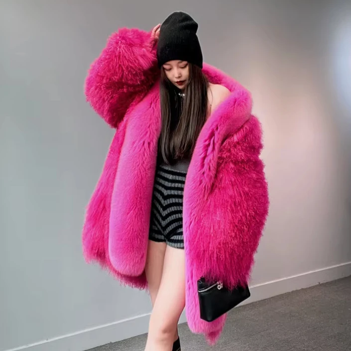 Wholesale Women Winter Fashionable Real Mongolian Fur Coat With Fox Fur Real Lamb Fur Jacket Plus Size