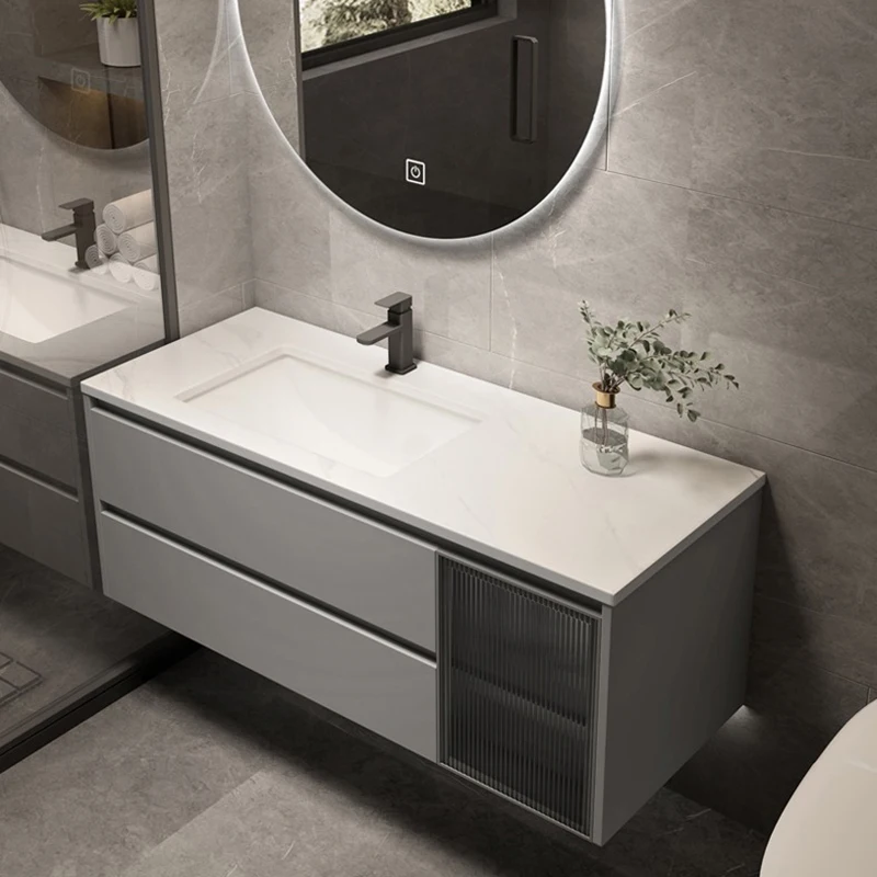 Modern Bathroom Sink Base Cabinets Slate Wash Basin Cabinets Design with Drawer and Glass Door