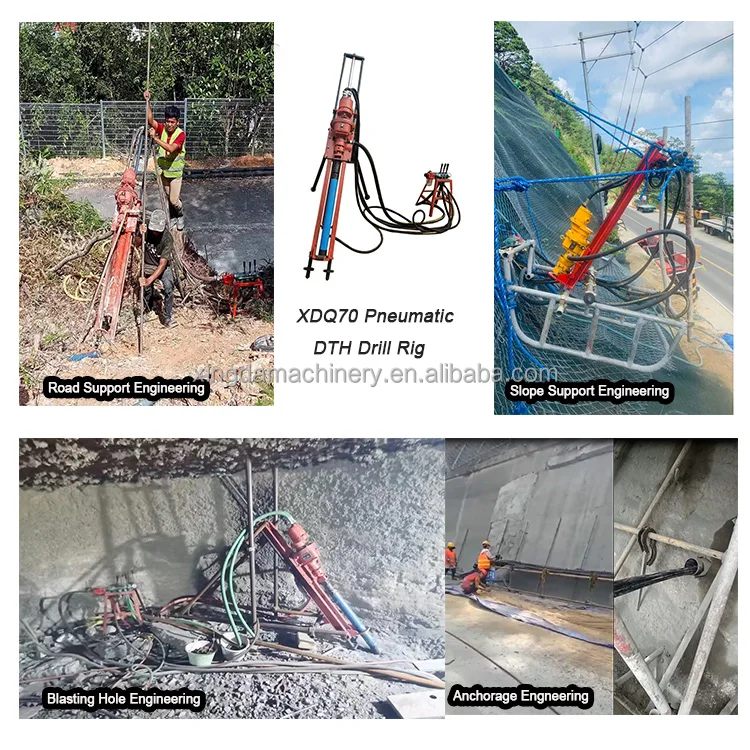 XDQ70 small portable pneumatic 20m DTH rotary rock boring drilling rig machine with air compressor hammer with slope support