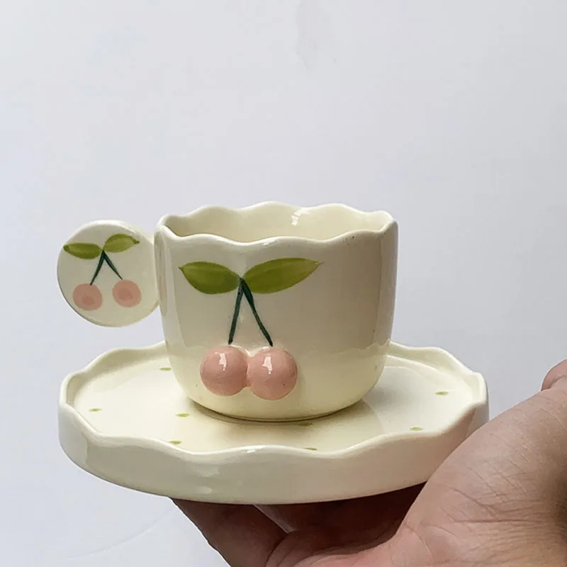 Simple cherry ceramic coffee cup and saucer cute three-dimensional shape milk breakfast cup
