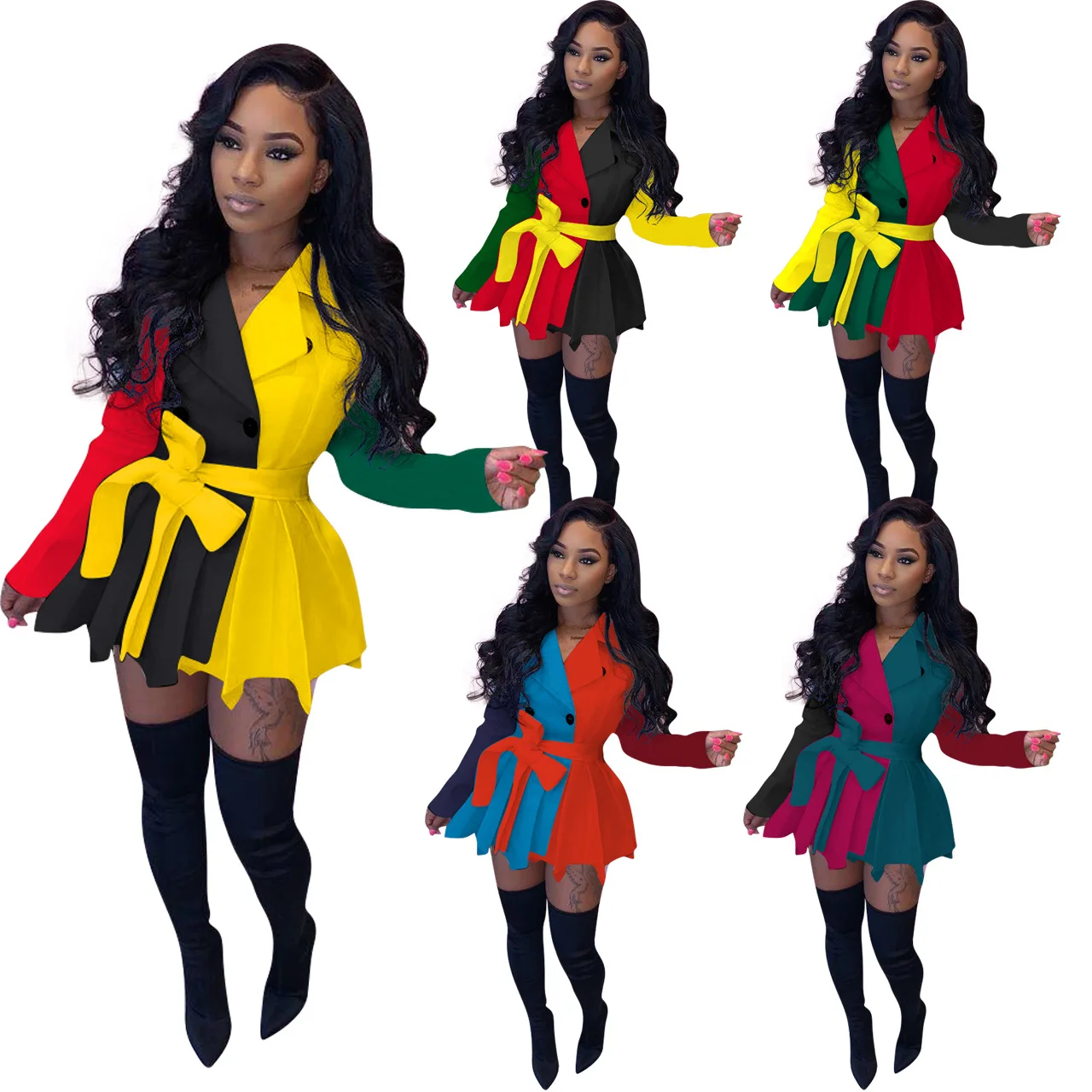 Spring Dresses Colored 2021 Hot selling Patchwork Coat Dress High Quality Casual High Waist Pleated Skirt Streetwear With Belt