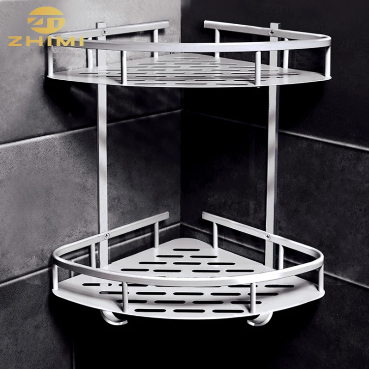 Houseware Aluminium Alloy Adhesive Wall Mounted Type Bathroom Storage Rack 2-tier Shower Caddy Corner Shelf Basket