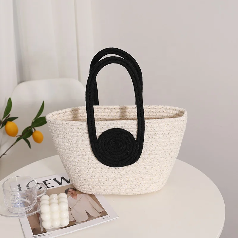 FSP115 New Stylish Multicolor Cotton Rope Woven Crochet Summer Beach Tote Handbag Portable Leisure Knitting Thread Storage Bag