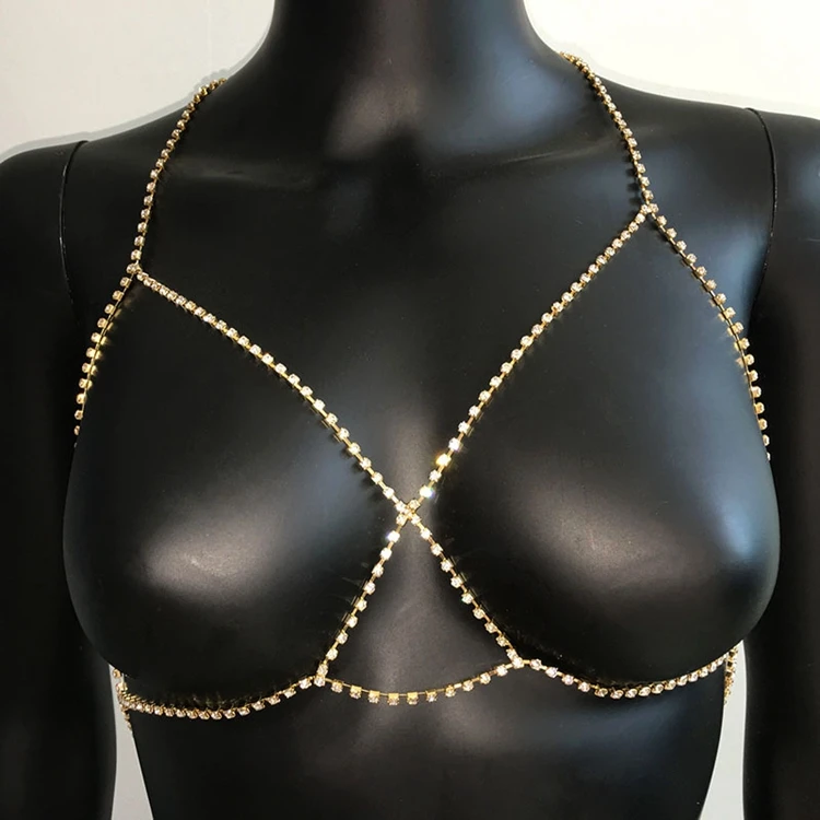 New Fashion Sexy Crystal Bralette Body Chain for Women Simple Cross Chest Chain Fine Jewelry Accessories Rhinestone Bikini Top