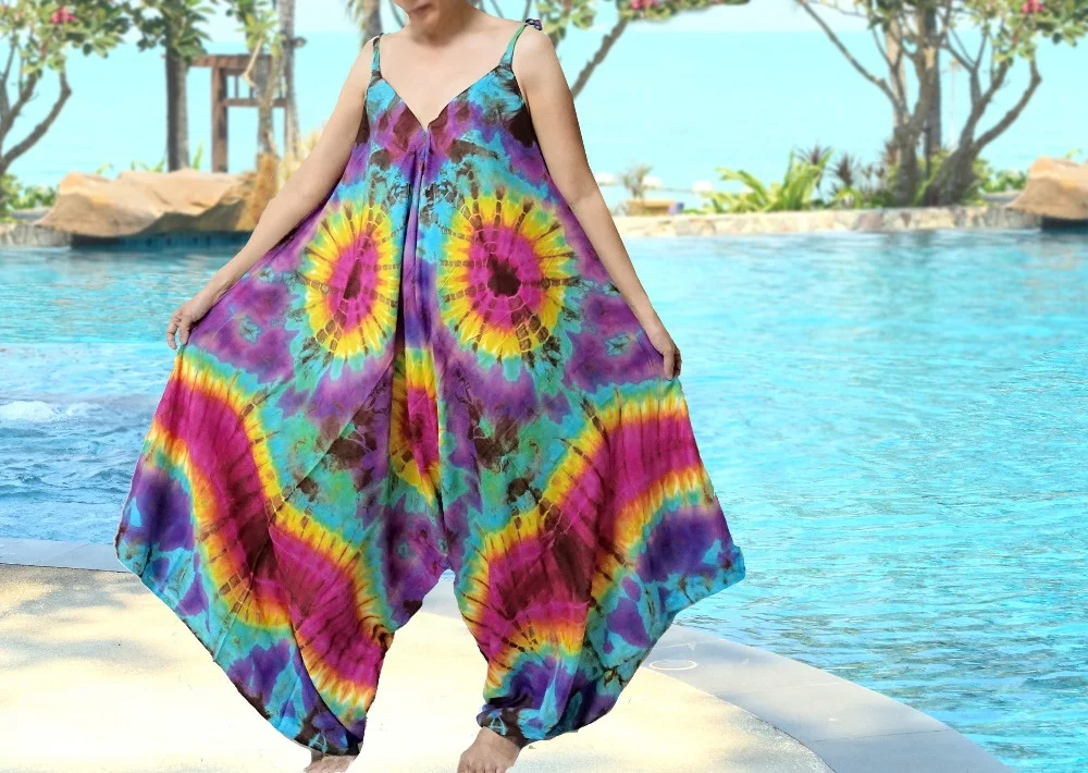 Hippy mix colorsTie dye Alladin Hippie Boho Harem Romper Jumpsuit Wide Leg Yoga Jumpsuit Pants