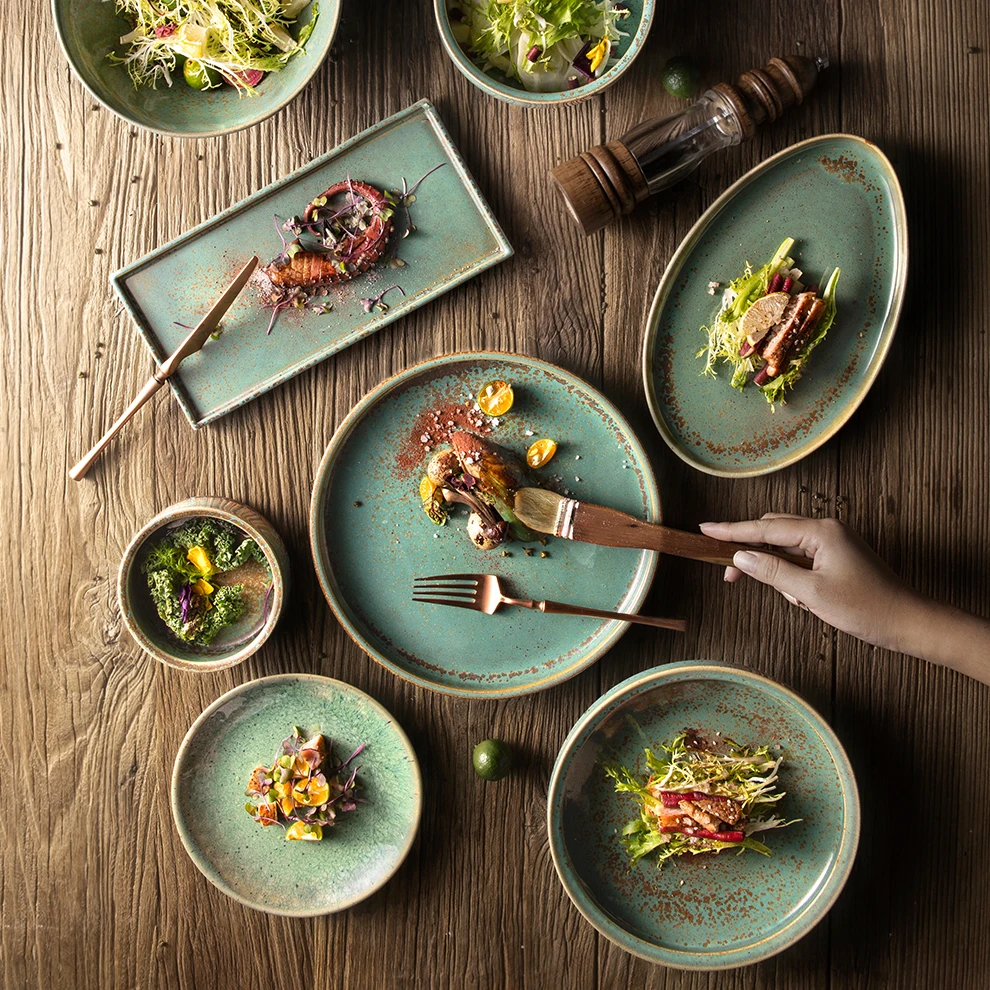 High Quality Speckle Ceramic Dinner Set Ideal For Use Restaurant Hotel Country Club Porcelain Cheap Bulk Dinner Rustic Plates